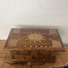 Load image into Gallery viewer, Vintage Jewellery Organisational Box, Mid-Century Brass Design, African Craftsmanship, Wooden Chest, Home Ornaments, Trinket Trunk
