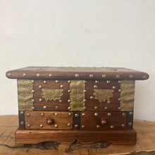 Load image into Gallery viewer, Vintage Jewellery Organisational Box, Mid-Century Brass Design, African Craftsmanship, Wooden Chest, Home Ornaments, Trinket Trunk
