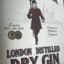 Load image into Gallery viewer, The stunning design features the famous London gin brand in vivid red fonts, a vibrant gold background, and a picture of the familiar logo on the King Body Guard of the Yeomen of the Guard (Beefeater).
