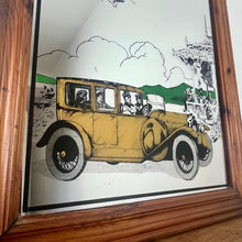 Load image into Gallery viewer, Wonderful vintage automobile mirror featuring an prestige car in mustard tones with the driver and the well dressed couple in the back, bird watching and mountainous background with a selection on people and intricate building.
