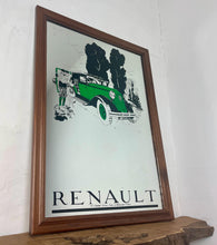 Load image into Gallery viewer, A Stylish Renault advertising mirror features a classic car with stand-out green detail. The couple wears elegant clothing and looks at their map against a woodland noir background.
