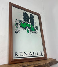 Load image into Gallery viewer, A Stylish Renault advertising mirror features a classic car with stand-out green detail. The couple wears elegant clothing and looks at their map against a woodland noir background.
