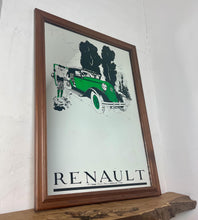 Load image into Gallery viewer, A Stylish Renault advertising mirror features a classic car with stand-out green detail. The couple wears elegant clothing and looks at their map against a woodland noir background.
