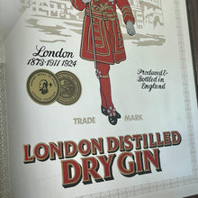 Load image into Gallery viewer, The stunning design features the famous London gin brand in vivid red fonts, a vibrant gold background, and a picture of the familiar logo on the King Body Guard of the Yeomen of the Guard (Beefeater).
