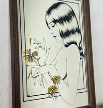 Load image into Gallery viewer, Lovely, stylish piece, a wonderful Art Nouveau half-nude lady picking a vibrant yellow flower with stunning style and detail.
