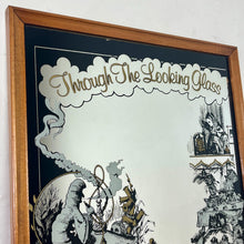 Load image into Gallery viewer, The stunning vintage mirror features intricate designer pictures, including a scene from Alice in Wonderland, showing a selection of characters from the fairytale, with exquisite detail, noir effect, and hints of gold.
