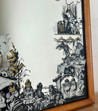 Load image into Gallery viewer, The stunning vintage mirror features intricate designer pictures, including a scene from Alice in Wonderland, showing a selection of characters from the fairytale, with exquisite detail, noir effect, and hints of gold.
