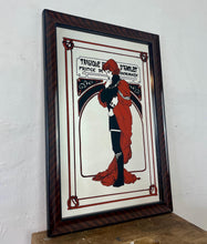 Load image into Gallery viewer, Stunning Mucha mirror featuring vibrant tones featuring a large detailed picture of the figure in orange and black with an intricate pattern border following with the same colours and bold vivid fonts to create a stand out design.
