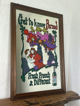 Load image into Gallery viewer, Beautiful French advertising piece of a well-known brand, a vivid, colourful design depicting a group of people in 60s fashionable clothing with a psychedelic feel picturing a couple, people dancing, and moulin rouge dancers on the exterior on the picture is the trendy fonts depicting the branding and further detail “ fresh, french and different” plus a picture of a bottle of Pernod on the edging in a waved colourful border in a wooden frame.
