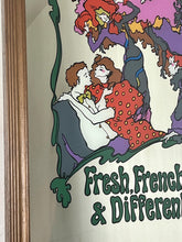 Load image into Gallery viewer, Beautiful French advertising piece of a well-known brand, a vivid, colourful design depicting a group of people in 60s fashionable clothing with a psychedelic feel picturing a couple, people dancing, and moulin rouge dancers on the exterior on the picture is the trendy fonts depicting the branding and further detail “ fresh, french and different” plus a picture of a bottle of Pernod on the edging in a waved colourful border in a wooden frame.
