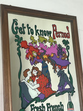 Load image into Gallery viewer, Beautiful French advertising piece of a well-known brand, a vivid, colourful design depicting a group of people in 60s fashionable clothing with a psychedelic feel picturing a couple, people dancing, and moulin rouge dancers on the exterior on the picture is the trendy fonts depicting the branding and further detail “ fresh, french and different” plus a picture of a bottle of Pernod on the edging in a waved colourful border in a wooden frame.
