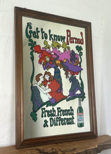 Load image into Gallery viewer, Beautiful French advertising piece of a well-known brand, a vivid, colourful design depicting a group of people in 60s fashionable clothing with a psychedelic feel picturing a couple, people dancing, and moulin rouge dancers on the exterior on the picture is the trendy fonts depicting the branding and further detail “ fresh, french and different” plus a picture of a bottle of Pernod on the edging in a waved colourful border in a wooden frame.
