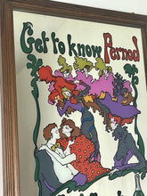 Load image into Gallery viewer, Beautiful French advertising piece of a well-known brand, a vivid, colourful design depicting a group of people in 60s fashionable clothing with a psychedelic feel picturing a couple, people dancing, and moulin rouge dancers on the exterior on the picture is the trendy fonts depicting the branding and further detail “ fresh, french and different” plus a picture of a bottle of Pernod on the edging in a waved colourful border in a wooden frame.
