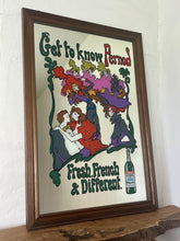 Load image into Gallery viewer, Beautiful French advertising piece of a well-known brand, a vivid, colourful design depicting a group of people in 60s fashionable clothing with a psychedelic feel picturing a couple, people dancing, and moulin rouge dancers on the exterior on the picture is the trendy fonts depicting the branding and further detail “ fresh, french and different” plus a picture of a bottle of Pernod on the edging in a waved colourful border in a wooden frame.
