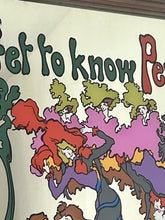 Load image into Gallery viewer, Beautiful French advertising piece of a well-known brand, a vivid, colourful design depicting a group of people in 60s fashionable clothing with a psychedelic feel picturing a couple, people dancing, and moulin rouge dancers on the exterior on the picture is the trendy fonts depicting the branding and further detail “ fresh, french and different” plus a picture of a bottle of Pernod on the edging in a waved colourful border in a wooden frame.
