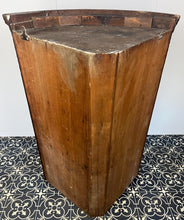 Load image into Gallery viewer, All original brass hinges and escutcheons, fancy rococo brass escutcheons and brass H-hinges and beautifully figured oak doors with mahogany banding to the edges and beautiful shell inlay design with multiple tones of veneer above a shaped pelmet.
