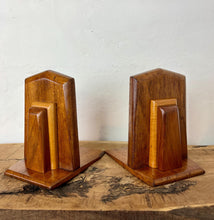 Load image into Gallery viewer, Wonderful, authentic period, vibrant art deco bookends with natural multiple tones of mahogany and beech detail with excellent sheen and a stylish finish, create an impact in your home&#39;s decor.
