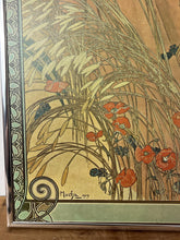 Load image into Gallery viewer, This piece portrays Summer as a sensual brunette, adorned with red poppies in her hair, leaning against a grapevine with her feet in shallow water.
