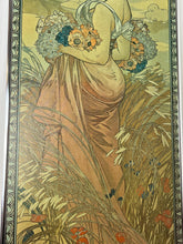 Load image into Gallery viewer, This piece portrays Summer as a sensual brunette, adorned with red poppies in her hair, leaning against a grapevine with her feet in shallow water.
