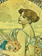 Load image into Gallery viewer, This piece portrays Summer as a sensual brunette, adorned with red poppies in her hair, leaning against a grapevine with her feet in shallow water.
