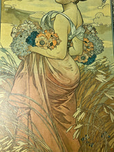 Load image into Gallery viewer, This piece portrays Summer as a sensual brunette, adorned with red poppies in her hair, leaning against a grapevine with her feet in shallow water.
