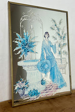 Load image into Gallery viewer, Beautiful Art Nouveau lady mirror featuring a glamorous lady with an elegant blue dress and hat with a Victorian Manor House background with a fountain, and wonderful matte effect tones.
