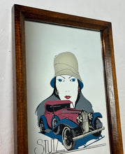 Load image into Gallery viewer, This mirror features an Art Deco-style illustration of a woman wearing a cloche hat alongside a vintage Stutz automobile, with the STUTZ logo clearly visible at the bottom.
