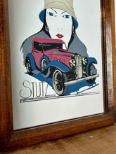 Load image into Gallery viewer, This mirror features an Art Deco-style illustration of a woman wearing a cloche hat alongside a vintage Stutz automobile, with the STUTZ logo clearly visible at the bottom.
