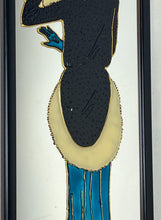 Load image into Gallery viewer, The artwork is further enhanced by the addition of raised, textured elements, outlines of the figure and details of the dress and fur collar. This creates a tactile, three-dimensional quality to the piece, contrasting with the smooth mirrored surface.

