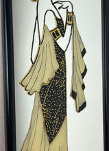 Load image into Gallery viewer, The depicted figure, with her flowing gown, hair ornament, and armbands, powerfully evokes the Art Deco era (roughly 1920s-1930s), known for its elegant and stylised representations of women.
