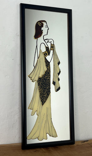The depicted figure, with her flowing gown, hair ornament, and armbands, powerfully evokes the Art Deco era (roughly 1920s-1930s), known for its elegant and stylised representations of women.