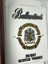 Load image into Gallery viewer, Vintage Ballantine&#39;s Finest Scotch Whisky advertising mirror, featuring the brand&#39;s name, crest, and the declaration &quot;FINEST SCOTCH WHISKY EST. 1827&quot;.

