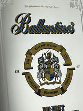 Load image into Gallery viewer, Vintage Ballantine's Finest Scotch Whisky advertising mirror, featuring the brand's name, crest, and the declaration "FINEST SCOTCH WHISKY EST. 1827".
