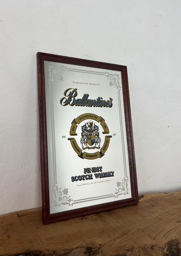 Vintage Ballantine's Finest Scotch Whisky advertising mirror, featuring the brand's name, crest, and the declaration "FINEST SCOTCH WHISKY EST. 1827".