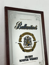 Load image into Gallery viewer, Vintage Ballantine&#39;s Finest Scotch Whisky advertising mirror, featuring the brand&#39;s name, crest, and the declaration &quot;FINEST SCOTCH WHISKY EST. 1827&quot;.
