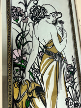 Load image into Gallery viewer, Beautiful vintage framed mirror featuring Alphonse Mucha&#39;s iconic Art Nouveau illustration, &quot;The Seasons: Summer,&quot; from his renowned &quot;Four Seasons&quot; series.
