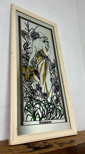 Beautiful vintage framed mirror featuring Alphonse Mucha's iconic Art Nouveau illustration, "The Seasons: Summer," from his renowned "Four Seasons" series.