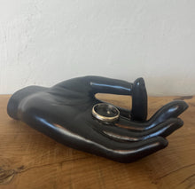 Load image into Gallery viewer, Vintage black ceramic hand sculpture, a beautiful decorative ring dish with a smooth, sleek glazed finish that creates a superb design for your dressing room.
