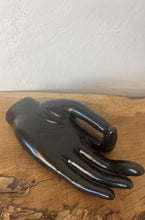 Load image into Gallery viewer, Vintage black ceramic hand sculpture, a beautiful decorative ring dish with a smooth, sleek glazed finish that creates a superb design for your dressing room.
