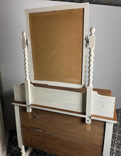 Load image into Gallery viewer, Beautiful vintage shabby chic dressing table with a stylish mirror and sleek drawers. This piece features a painted finish country cream with a contrasting natural wooden top, its distinctive floral patterned drawer fronts add a unique touch.
