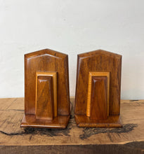 Load image into Gallery viewer, Wonderful, authentic period, vibrant art deco bookends with natural multiple tones of mahogany and beech detail with excellent sheen and a stylish finish, create an impact in your home&#39;s decor.
