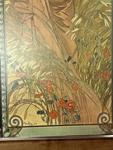 Load image into Gallery viewer, This piece portrays Summer as a sensual brunette, adorned with red poppies in her hair, leaning against a grapevine with her feet in shallow water.
