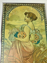 Load image into Gallery viewer, This piece portrays Summer as a sensual brunette, adorned with red poppies in her hair, leaning against a grapevine with her feet in shallow water.
