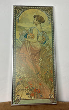 Load image into Gallery viewer, This piece portrays Summer as a sensual brunette, adorned with red poppies in her hair, leaning against a grapevine with her feet in shallow water.
