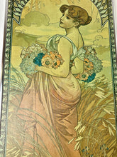 Load image into Gallery viewer, This piece portrays Summer as a sensual brunette, adorned with red poppies in her hair, leaning against a grapevine with her feet in shallow water.
