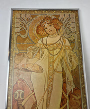 Load image into Gallery viewer, In Autumn, the figure is depicted wearing a wreath of chrysanthemums in her hair, surrounded by a lush backdrop of autumnal plants, often shown gathering grapes from a vine, symbolising the harvest season.
