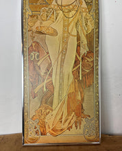 Load image into Gallery viewer, In Autumn, the figure is depicted wearing a wreath of chrysanthemums in her hair, surrounded by a lush backdrop of autumnal plants, often shown gathering grapes from a vine, symbolising the harvest season.
