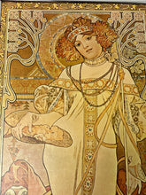 Load image into Gallery viewer, In Autumn, the figure is depicted wearing a wreath of chrysanthemums in her hair, surrounded by a lush backdrop of autumnal plants, often shown gathering grapes from a vine, symbolising the harvest season.
