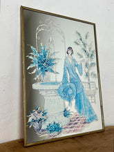Load image into Gallery viewer, Beautiful Art Nouveau lady mirror featuring a glamorous lady with an elegant blue dress and hat with a Victorian Manor House background with a fountain, and wonderful matte effect tones.
