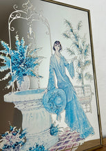 Load image into Gallery viewer, Beautiful Art Nouveau lady mirror featuring a glamorous lady with an elegant blue dress and hat with a Victorian Manor House background with a fountain, and wonderful matte effect tones.
